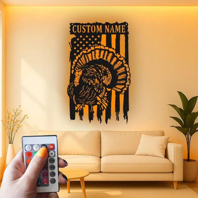 Personalisiertes LED-Metallschild mit Truthahn und amerikanischer Flagge