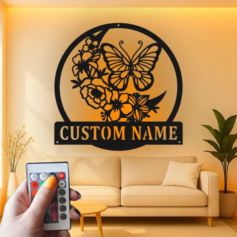 Décoration murale en métal personnalisée Papillon et Fleurs avec Rétroéclairage LED Cadeau pour Amateurs de Nature Décor de Chambre ou de Jardin