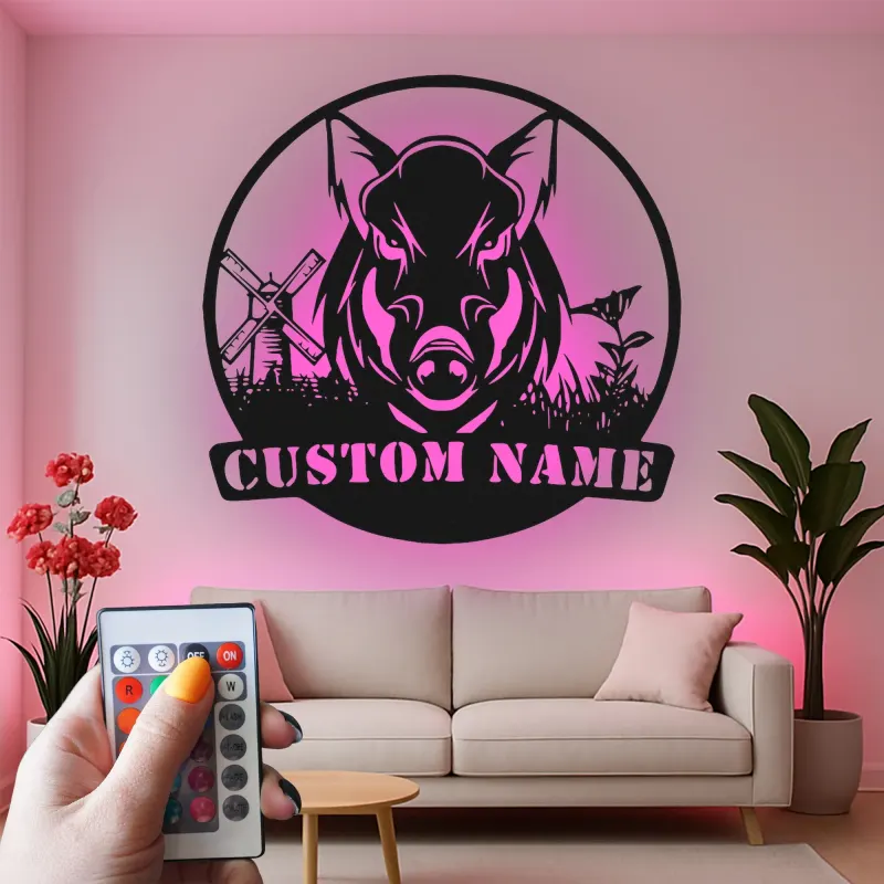 Cartel de metal personalizado con luz LED de jabalí, regalo personalizado para cazadores, decoración rústica de cabaña