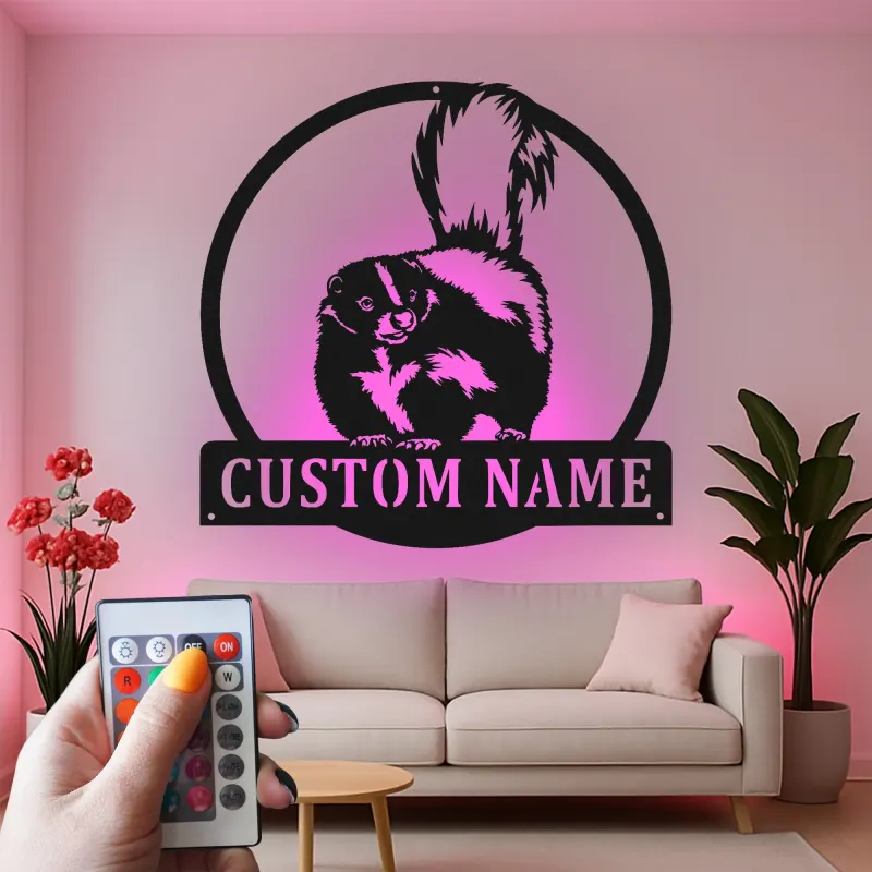Custom Skunk Metal Wall Art | Personalized LED Name Sign for Cabin & Lodge | Realistic Wildlife Silhouette Decor