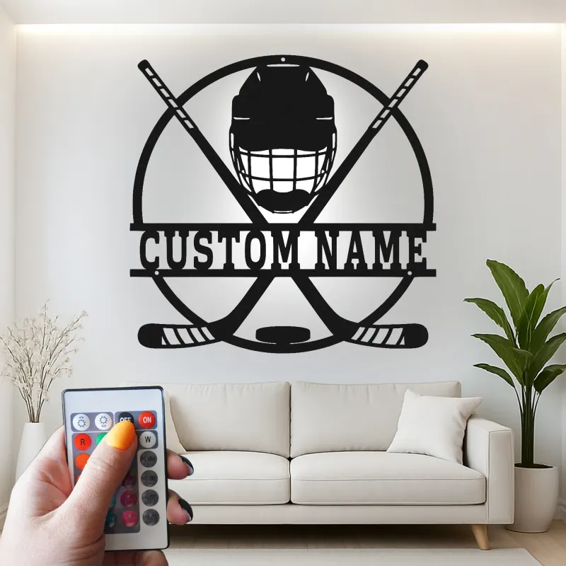 Cartel LED personalizado de jugador de hockey | Decoración mural de metal personalizada | Regalo deportivo para habitación infantil y cueva masculina