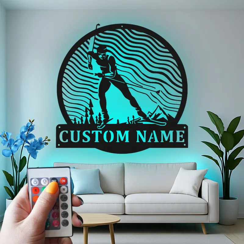 Custom Cross Country Skier Metal Sign | LED Light Winter Sports Decor | Personalized Nordic Ski Wall Art | Gift for Ski Enthusiast