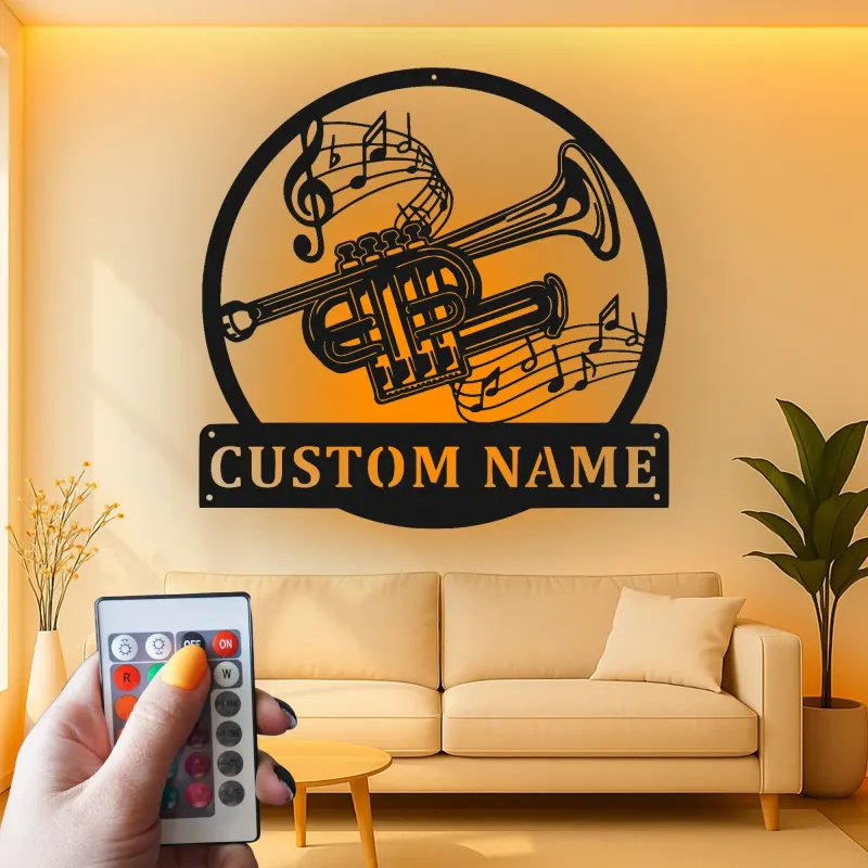 Cartel de metal LED personalizado de trompeta, regalo para músicos, decoración de sala de música