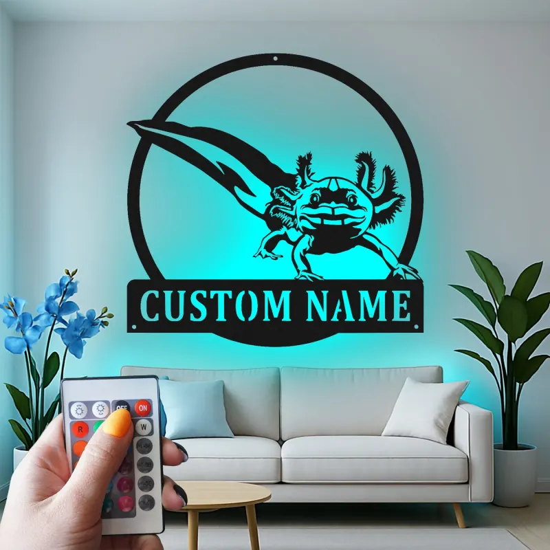 Insegna in metallo personalizzata con Axolotl e luce LED regalo unico per amanti degli anfibi decorazione per camera da letto o ufficio