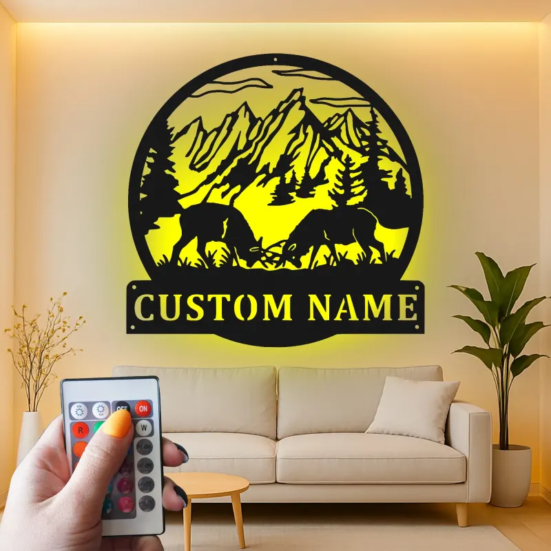 Cartel de metal LED de alce de montaña personalizado, regalo para amante de la naturaleza, decoración de cabaña rústica