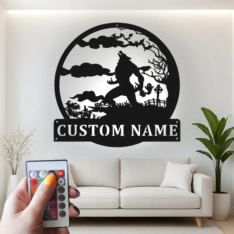 Décoration murale en métal personnalisée avec silhouette de loup-garou, lumière LED, cadeau d'Halloween pour les fans d'horreur, décoration d'intérieur effrayante