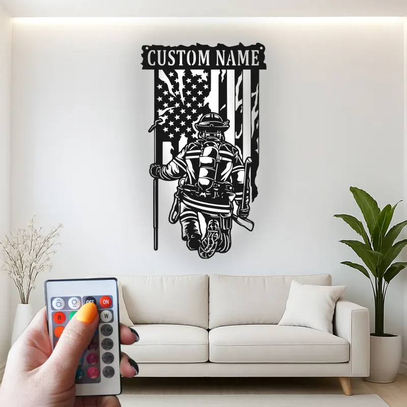 Personalized Firefighter LED Metal Sign | Custom Fireman Wall Art | Patriotic Hero Gift | Firehouse Decor