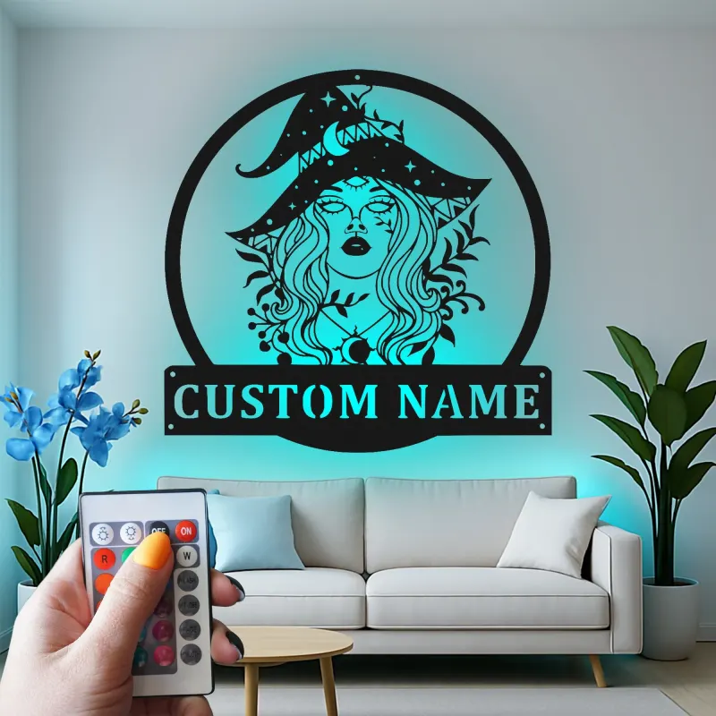 Cartel de metal personalizado con luz LED de bruja Regalo de Halloween personalizado Decoración encantadora para brujas