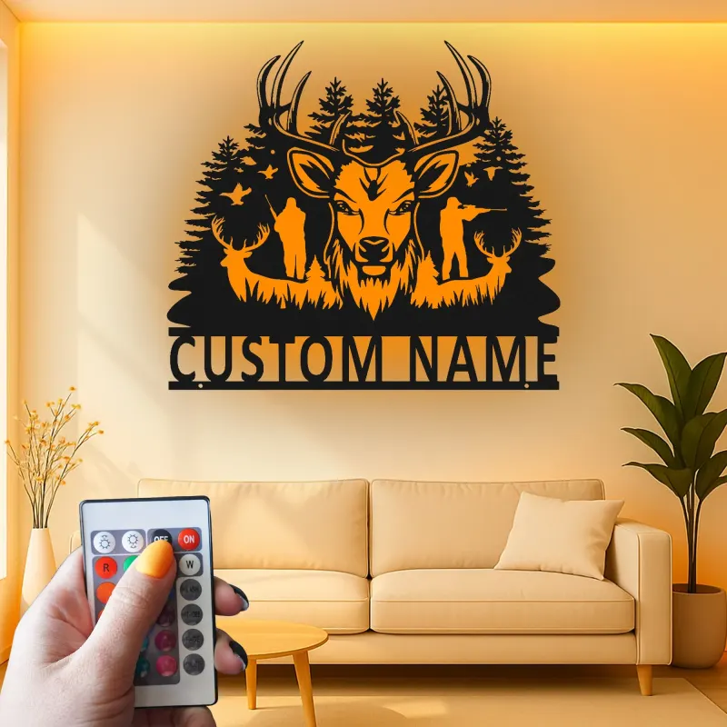 Cartel de metal LED de cazador de ciervos, regalo personalizado para cazadores, decoración rústica de cabaña