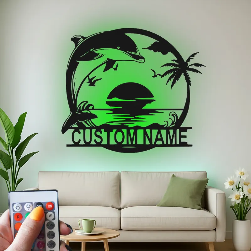 Cartel de metal personalizado con delfines al atardecer y luz LED, regalo para amantes de la playa, decoración costera para el salón
