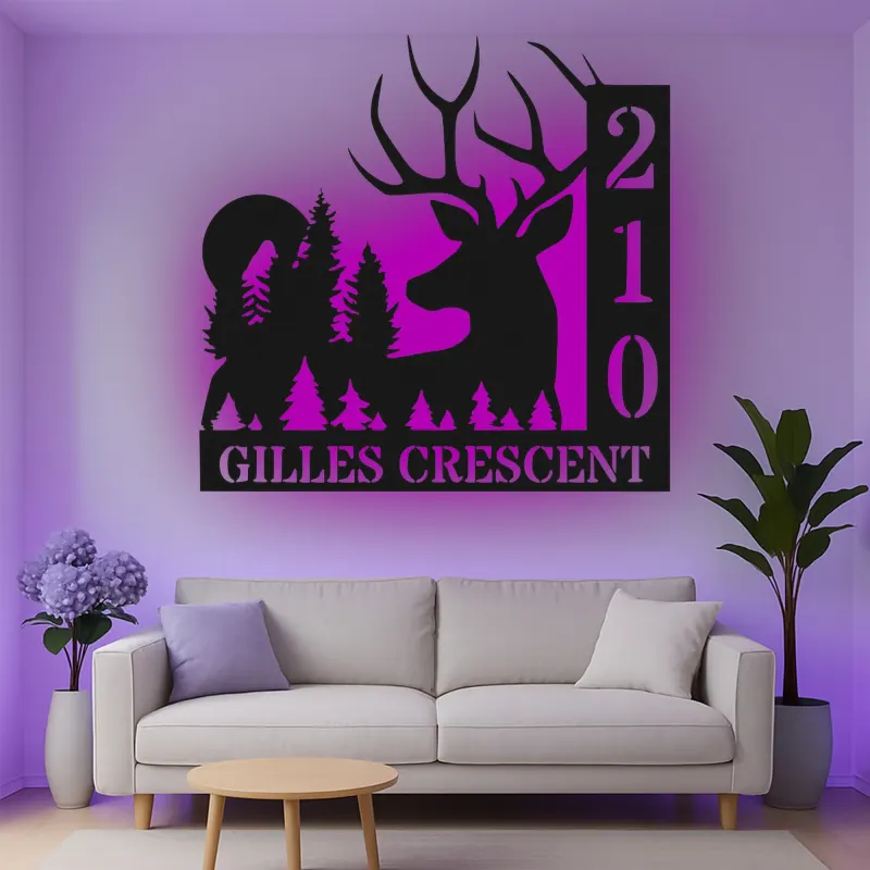 Insegna in metallo personalizzata con cervo e alberi retroilluminata LED regalo per casa nuova decorazione per cabin all'aperto