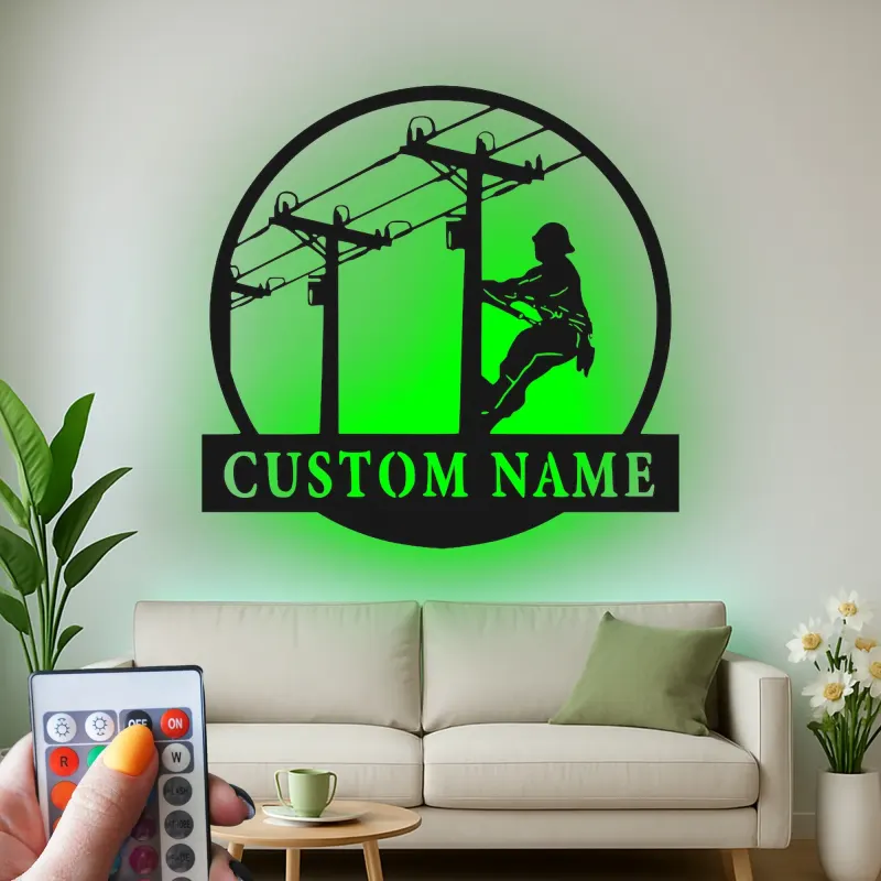 Lineman LED Metal Wall Art | Personalized Electrician Gift | Custom Name Sign for Industrial Decor, Man Cave | RGB Light Up Utility Pole
