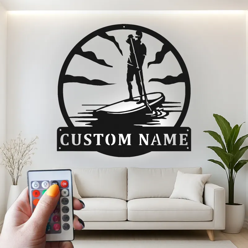 Insegna in metallo LED per Paddle Board | Insegna SUP personalizzata | Decorazione costiera su misura per casa al mare e casa al lago