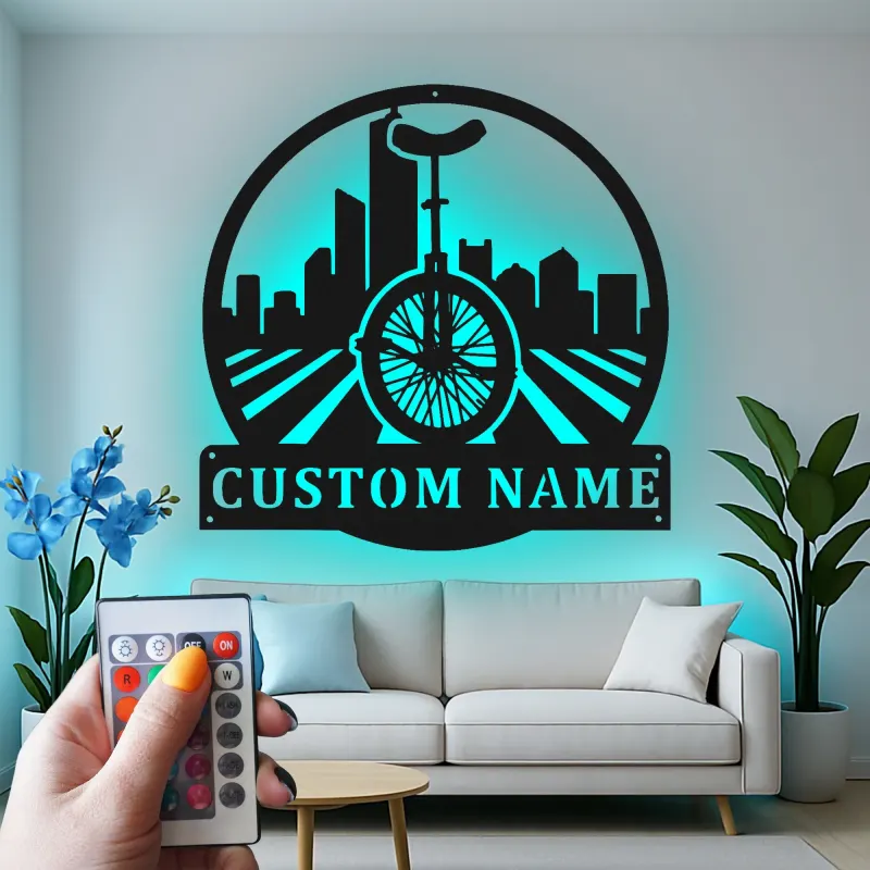 Custom Unicycle Cityscape Led Light Metal Wall Art Unique Gift for Cyclists Urban Decor for Living Room
