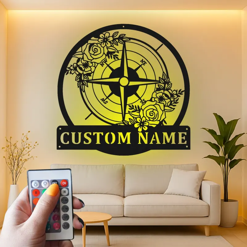 Décoration murale en métal personnalisée avec rétroéclairage LED - Rose des vents - Cadeau de mariage personnalisé - Décor nautique pour salon