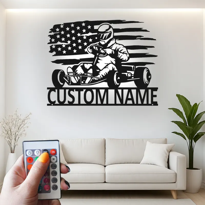 Arte mural LED de metal de piloto de karting | Letrero personalizado con nombre para carreras | Decoración con bandera americana para garaje, cueva del hombre o habitación de niño
