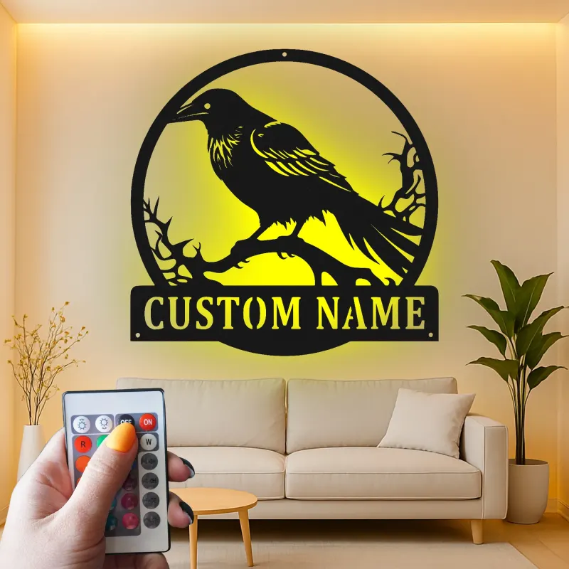 Raben Silhouette LED Schild | Individuelle Metall Wandkunst | Personalisierte Gothic Krähen Dekor für Zuhause, Garten & Halloween Geschenk