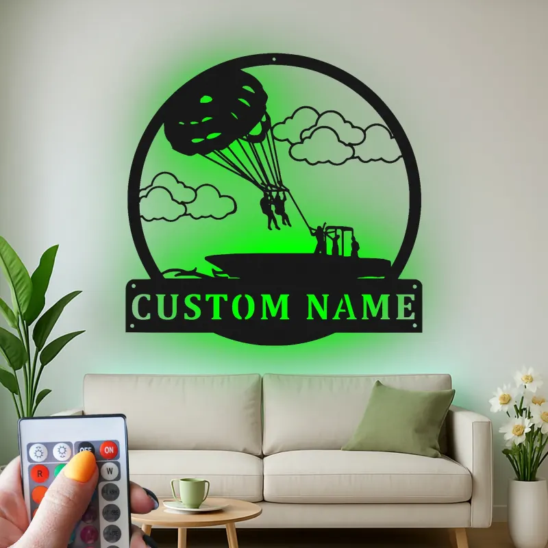 Panneau en métal personnalisé de parachutisme | Décoration de maison de plage avec nom personnalisé | Rétroéclairage mural océan pour maisons extérieures et côtières