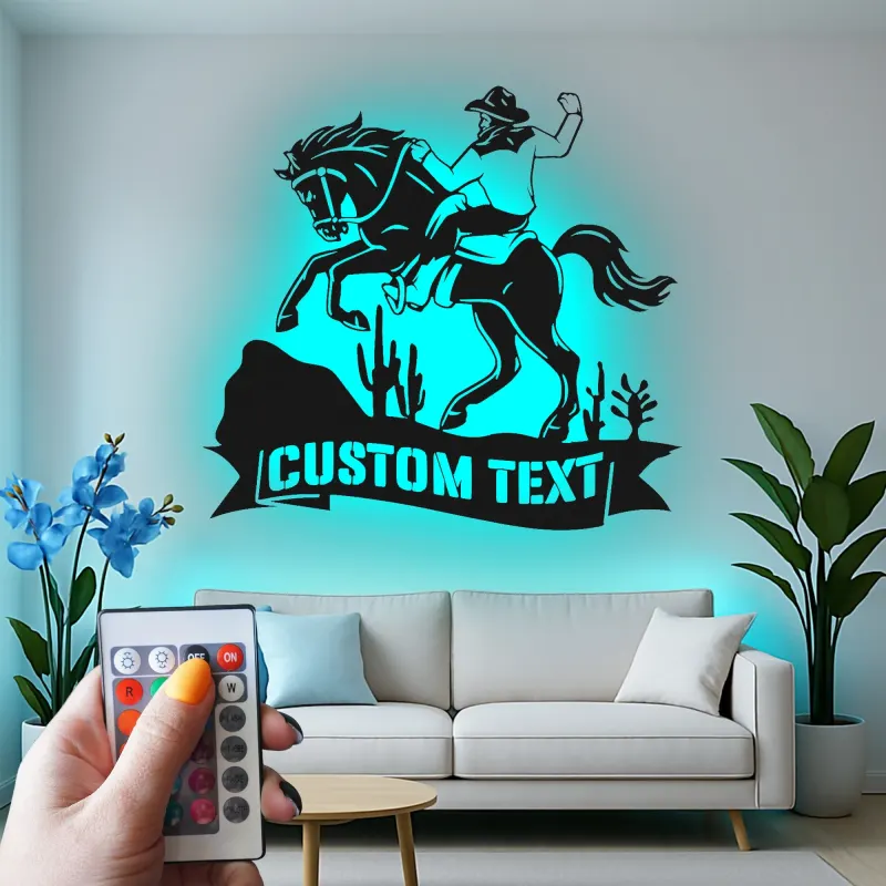 Décoration murale en métal personnalisée de cowboy sur cheval avec rétroéclairage - Cadeau western pour lui - Décor de ranch rustique