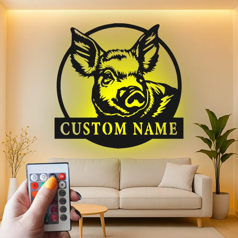 Cartel LED de retrato de cerdo personalizado | Decoración de granja personalizada | Arte mural de metal rústico para granero o hogar de campo moderno