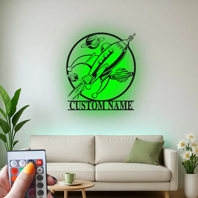 Personalisierte Rakete LED-Licht | LED-Metallwandkunst für Kinderzimmer | Vintage Weltraum Dekor für das Kinderzimmer