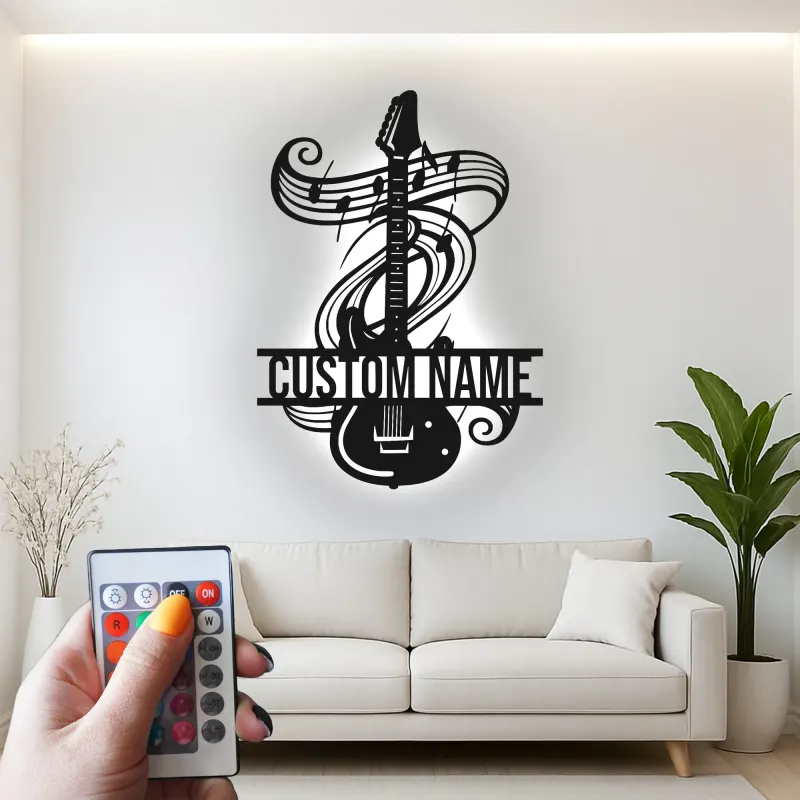 Personalized Guitar LED Sign | Custom Metal Wall Art for Music Studio | Musician Name Plaque with Music Notes