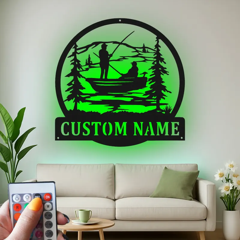 Custom Fishing Metal Wall Art with LED | Personalized Fisherman Name Sign for Lake House & Cabin Decor | Gift for Outdoorsman