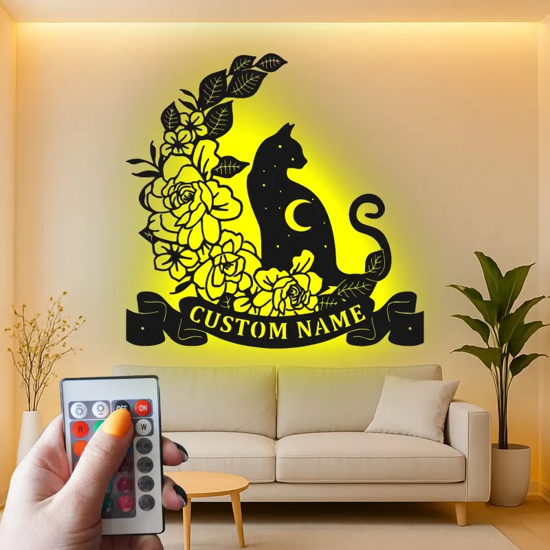 Décoration murale en métal personnalisée Chat et Fleurs avec rétroéclairage LED Cadeau pour amoureux des chats Décor de chambre ou de salon