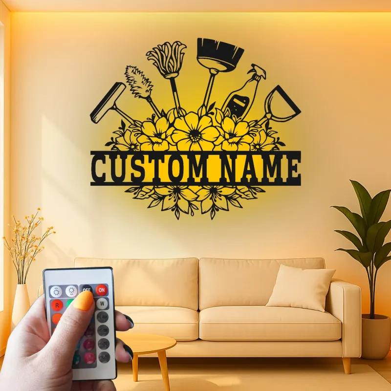 Custom Cleaning Tools Led Light Metal Wall Art Personalized Housewarming Gift Laundry Room Decor