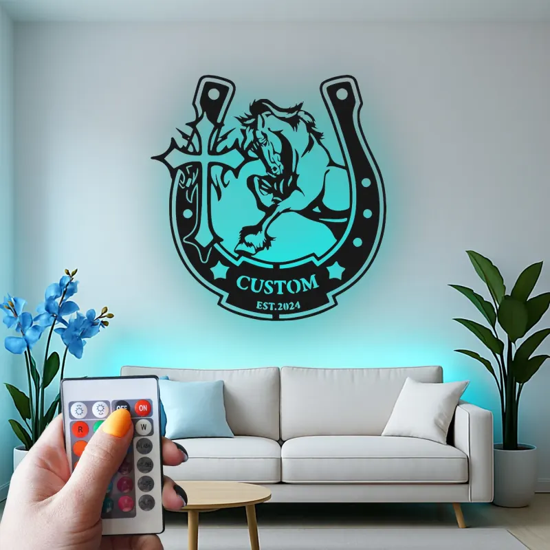 Custom Horse LED Metal Sign | Personalized Horseshoe Cross Wall Art | Equestrian Ranch Decor for Horse Lovers