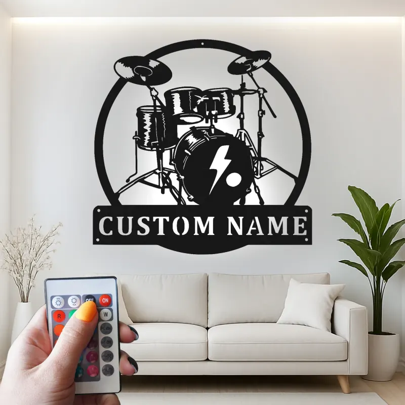 Insegna in metallo LED a forma di set di tamburi personalizzata Regalo per musicisti Decorazione per studio musicale o camera da letto