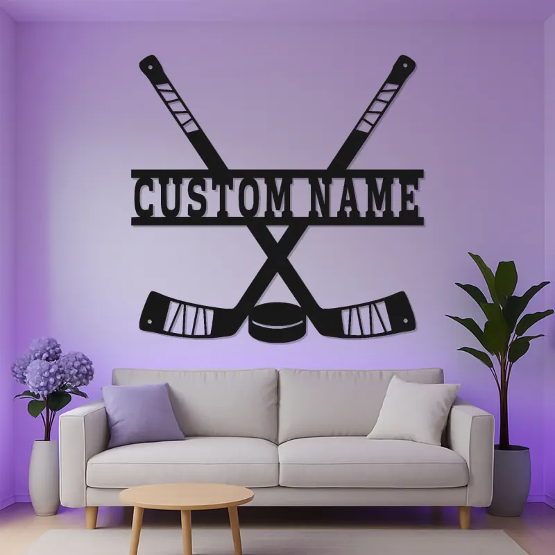 Panneau de hockey personnalisé pour mur | Décoration murale en métal sur mesure | Déco de salle de jeux et cadeau LED pour fan de sport