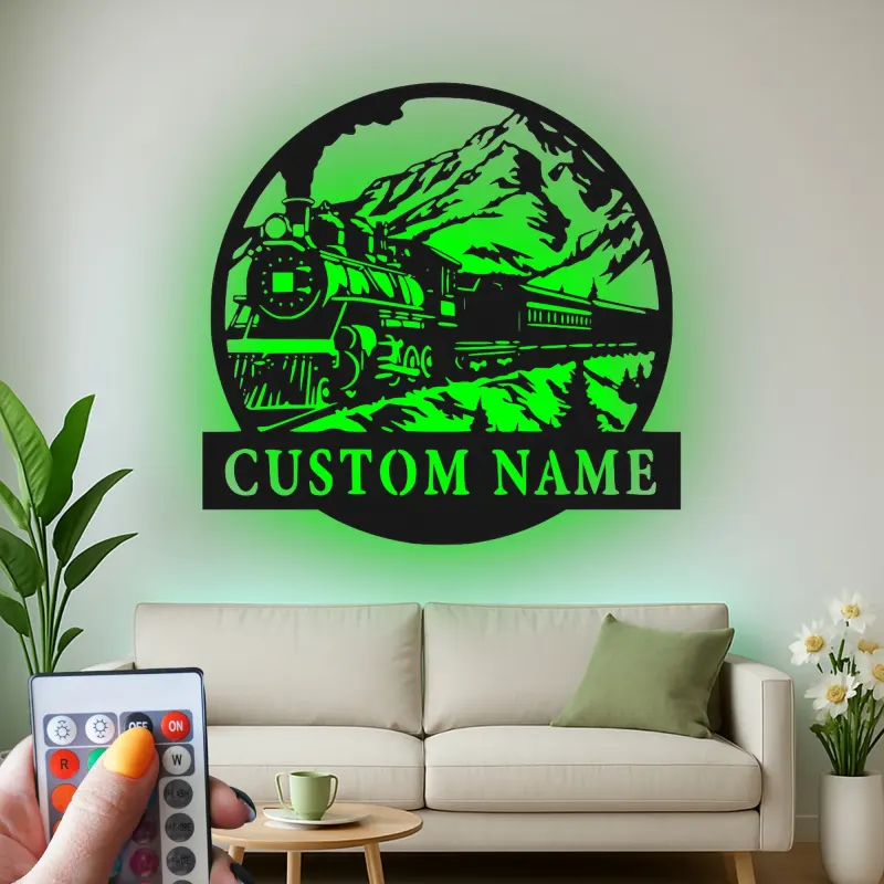 Décoration murale en métal personnalisée de train à vapeur avec rétroéclairage LED - Cadeau pour passionnés de trains, décoration pour salon ou bureau