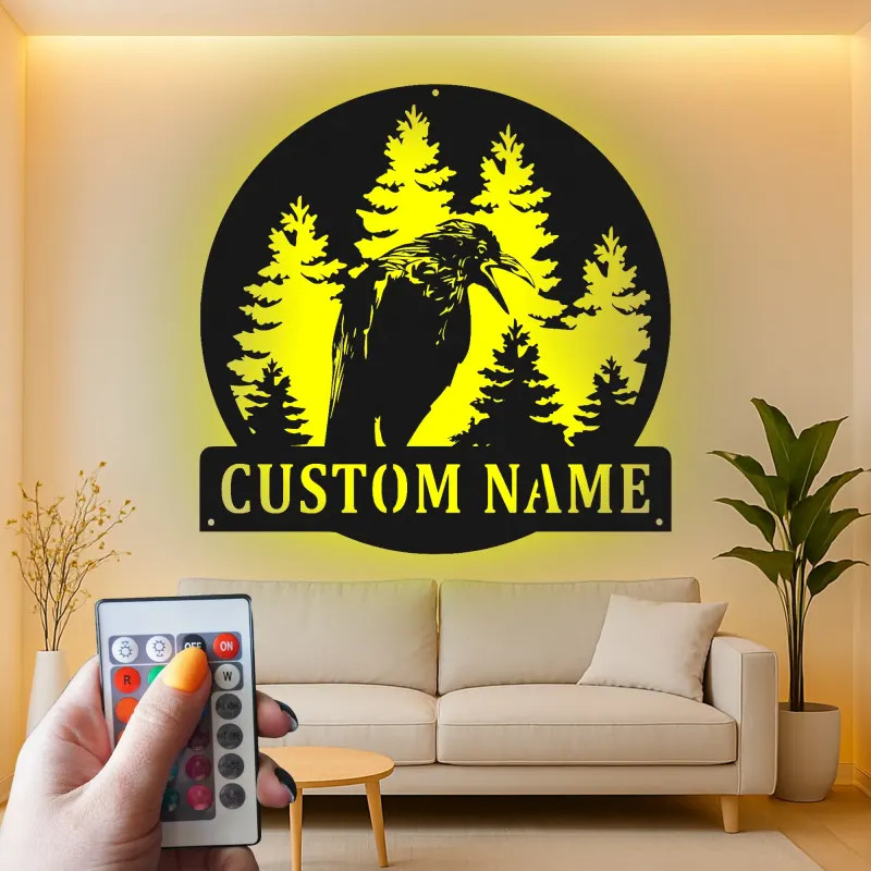 Décoration murale en métal personnalisée avec forêt de corbeaux et rétroéclairage LED, cadeau pour les amoureux de la nature, décoration rustique pour cabane
