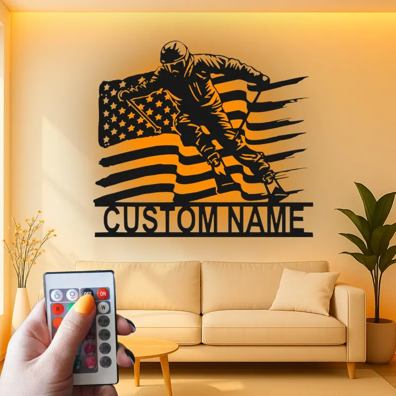 Personalisierte Skifahrer mit amerikanischer Flagge LED-beleuchtetes Metallschild Geschenk für Ski-Enthusiasten Man Cave Dekor