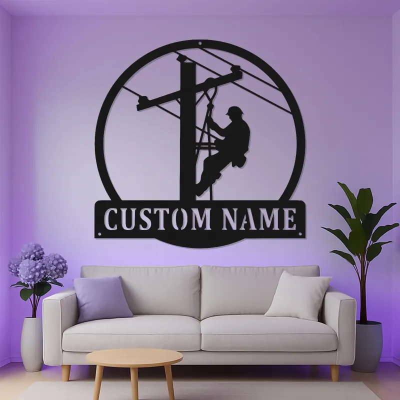 Arte da Parete in Metallo per Lineman | Insegna LED Personalizzata con Nome | Regalo Personalizzato per Elettricista | Decorazione per Lavoratori dei Servizi Pubblici