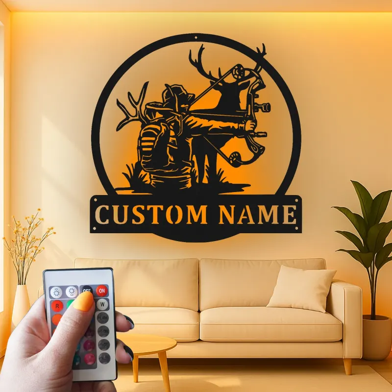 Cartel de metal personalizado con luz LED de cazador con arco, regalo personalizado para entusiastas de la arquería, decoración de man cave o cabaña