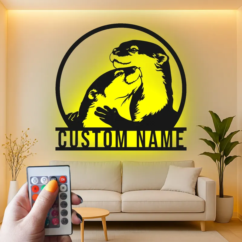 Insegna LED personalizzata con lontra | Arte murale in metallo personalizzata per nursery | Decorazione silhouette animale selvatico | Regalo per amante delle lontre