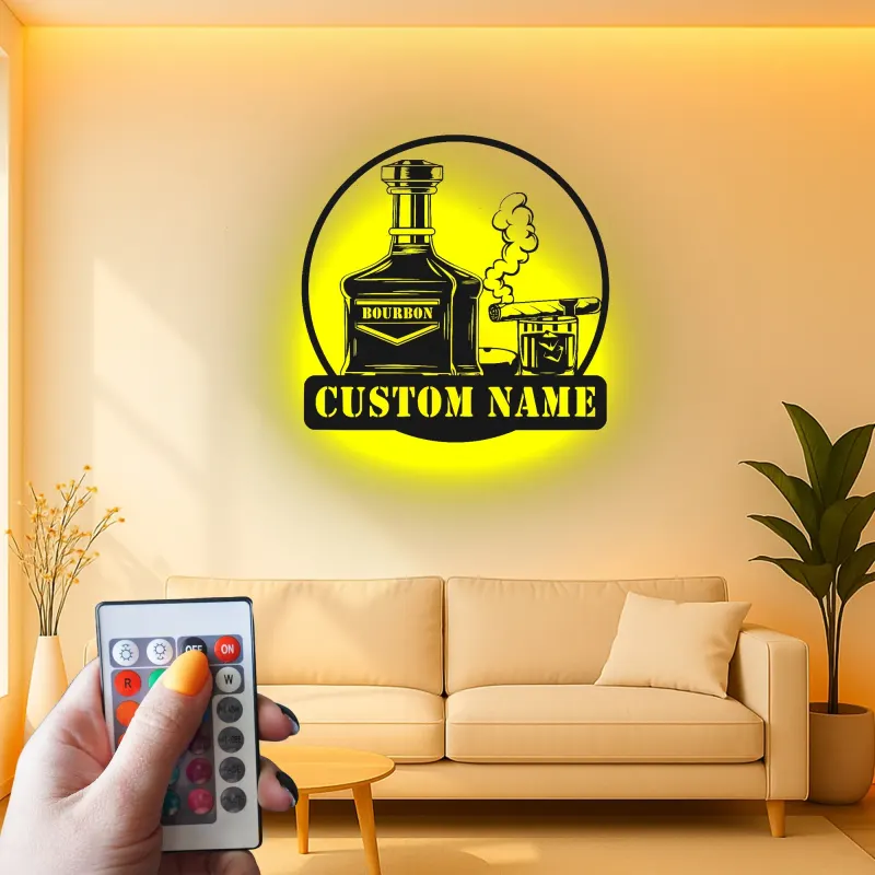 Décoration murale en métal personnalisée avec éclairage LED pour amateurs de bourbon et de cigares