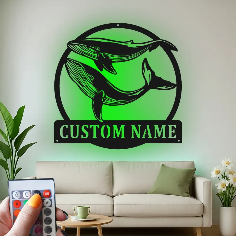 Custom Whale Pair Led Light Metal Wall Art Ocean Lover Gift Nautical Decor for Living Room
