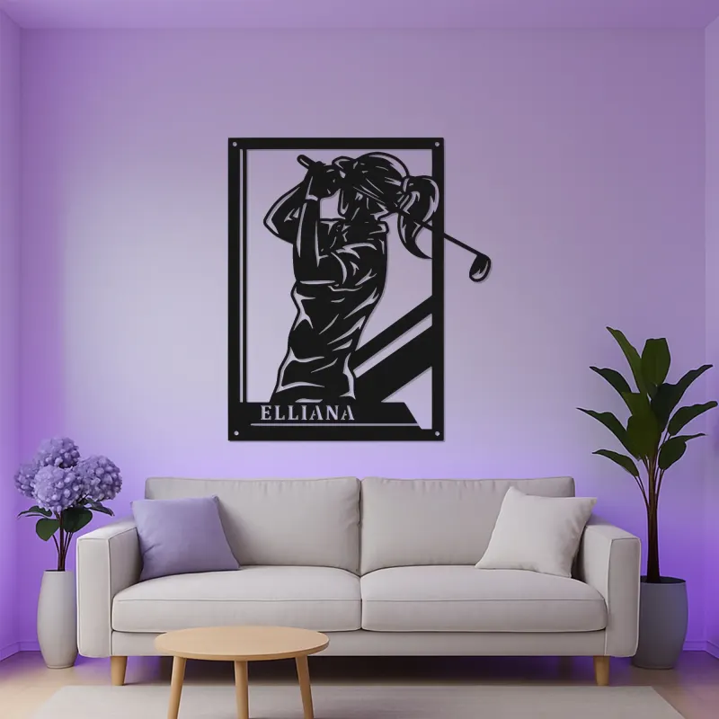 Panneau en métal personnalisé de golfeuse | Décoration murale LED personnalisée | Cadeau pour amoureuse du golf | Décor de salle de sport