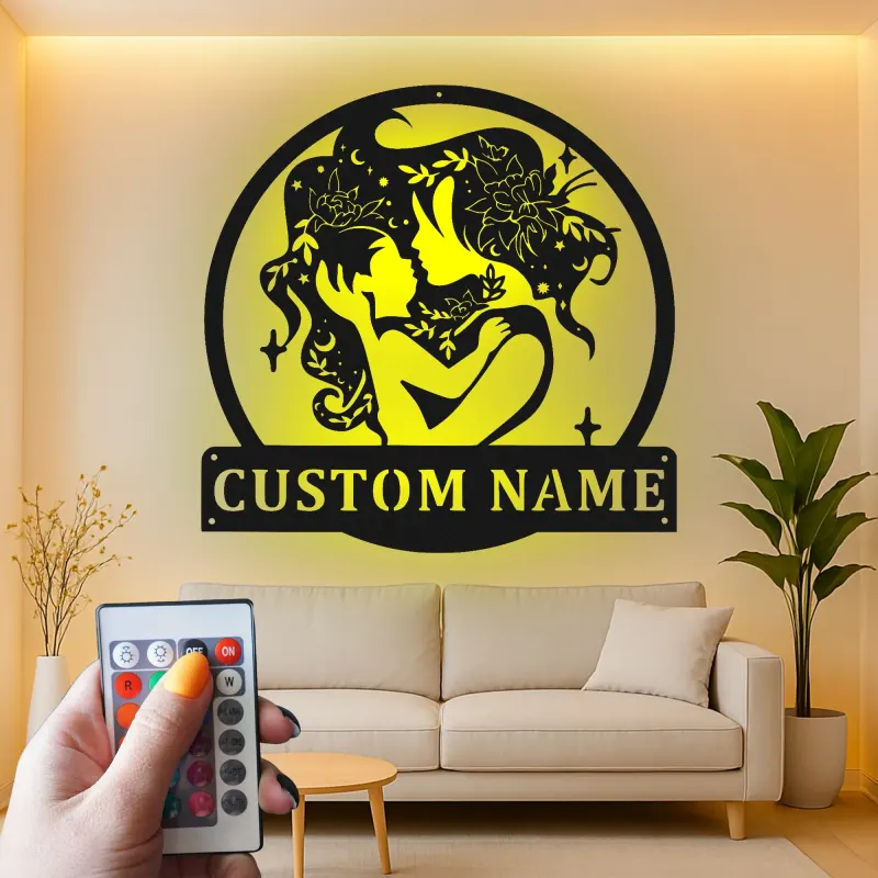 Silueta personalizada de madre e hijo | Decoración mural de metal LED | Decoración personalizada para habitación infantil y regalo para nueva mamá