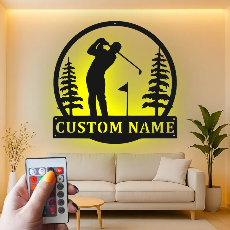 Cartel LED de golf personalizado | Decoración mural de metal a medida para sala de ocio | Decoración con nombre de golfista | Regalo para papá