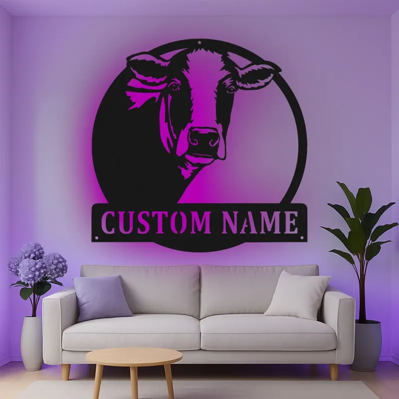 Personalisierte Kuh LED-beleuchtete Metall-Wandkunst – Geschenk im Landhausstil, rustikale Deko für Küche oder Scheune