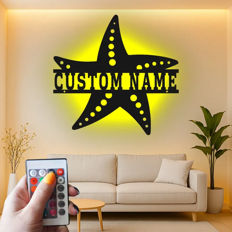 Letrero LED personalizado con estrella de mar | Arte mural de metal | Decoración náutica para casa de playa | Idea de regalo para negocio y hogar costero