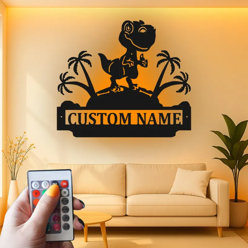 Cartel de metal LED de dinosaurio personalizado para regalo de habitación infantil, decoración de guardería con diseño de T-Rex