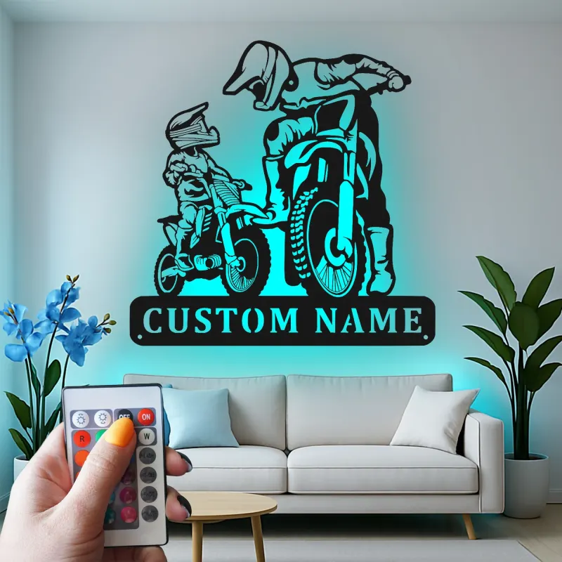 Custom Motocross Riders Led Light Metal Wall Art Personalized Gift for Dirt Bike Enthusiasts Garage or Man Cave Decor 1