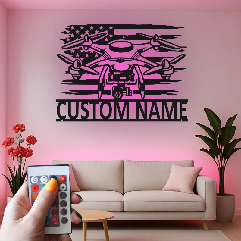 Custom Drone Led Light Metal Wall Art Personalized Gift for Drone Enthusiasts Man Cave or Office Decor