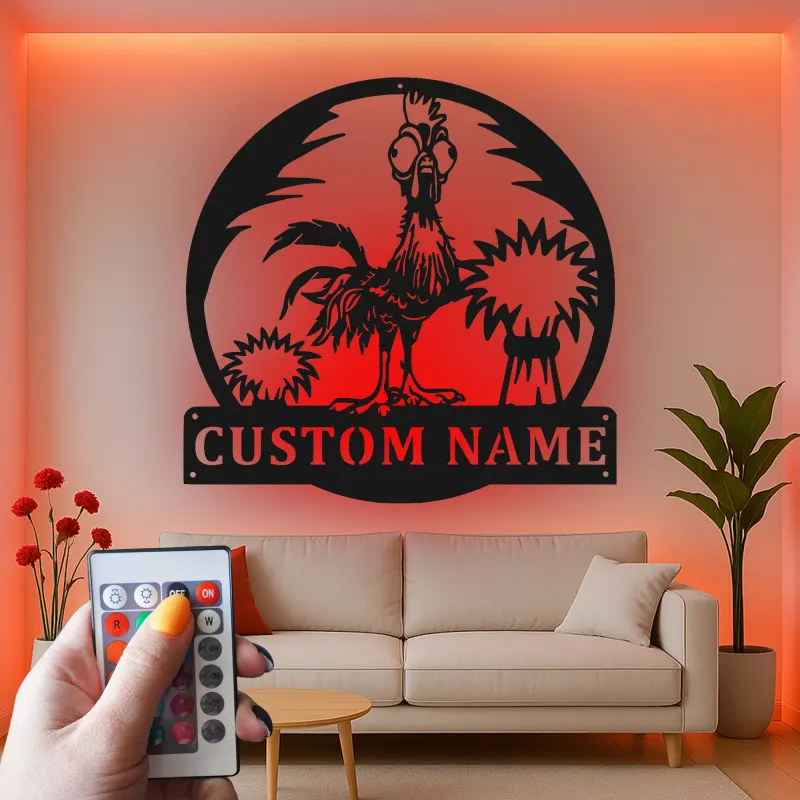 Cartel de Metal Personalizado de Gallo | Decoración LED Personalizada para Gallinero | Arte Mural Divertido para Granjero