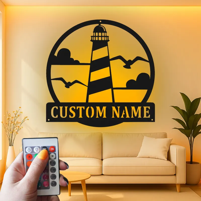 Décoration murale en métal personnalisée avec phare et rétroéclairage LED - Cadeau côtier, décoration nautique pour maison de plage